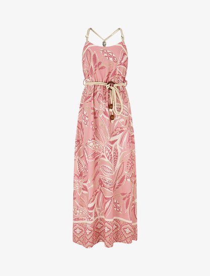Robe longue imprimé fleurs tropicales à bretelles en corde - Rose - 1