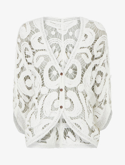 Gilet mi-long en crochet - Blanc - 1