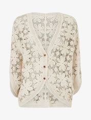Gilet mi-long en crochet fleuri - Beige - 1