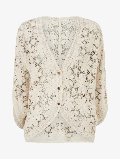 Gilet mi-long en crochet fleuri - Beige - 1