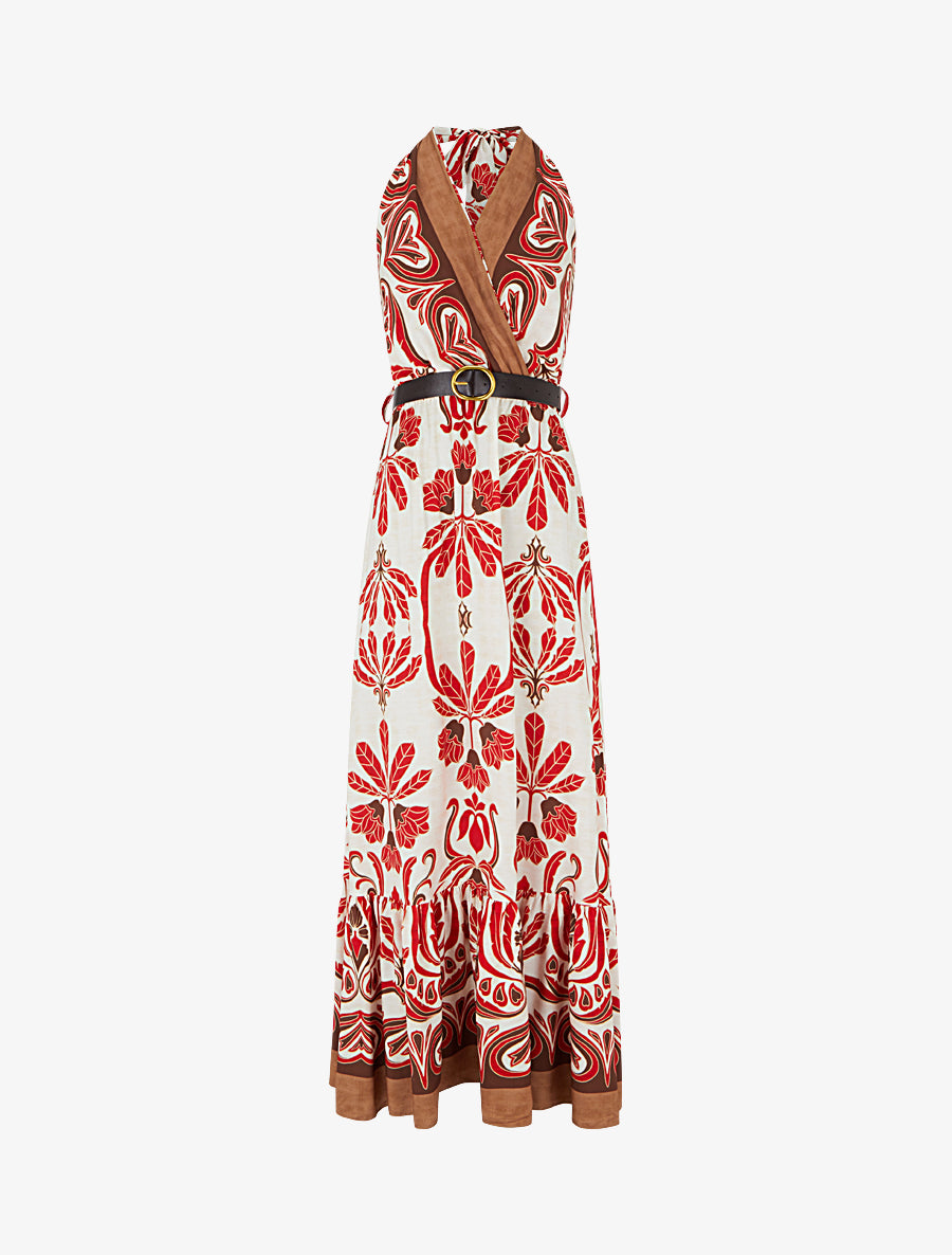 Robe longue élastiquée à nouer à la nuque - Rouge - 1