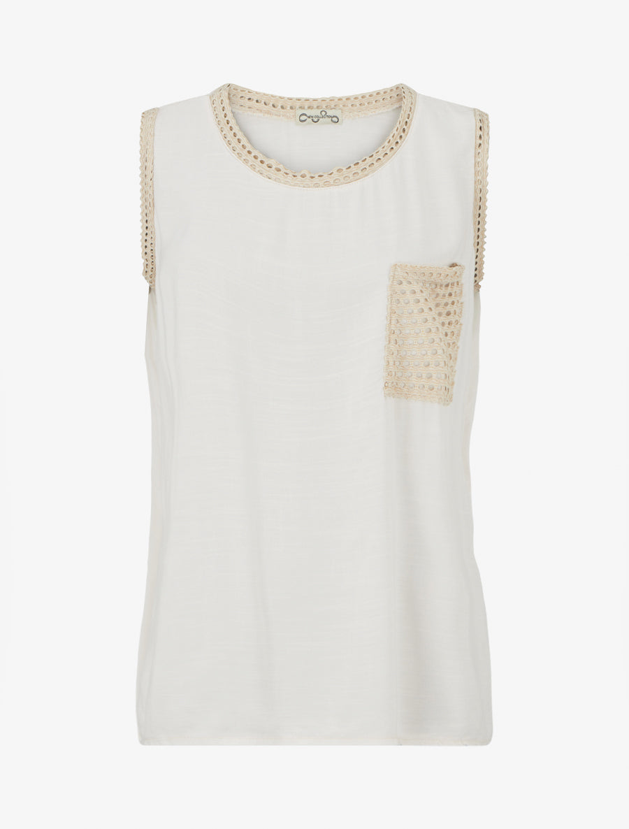 Top uni à poche brodée - Beige - 1