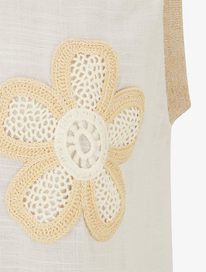 Top droit sans manches à fleur brodée - Beige - 3