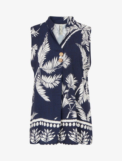 Blouse droite sans manche imprimé tropical - Marine - 1