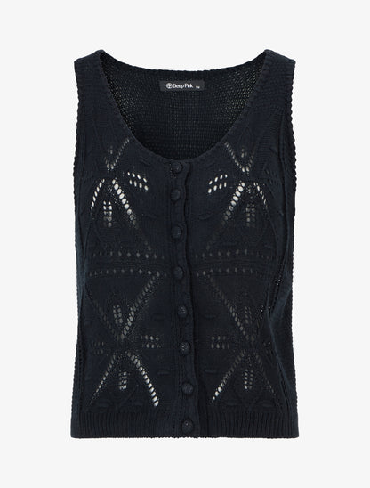 Top boutonné en maille ajourée - Noir - 1