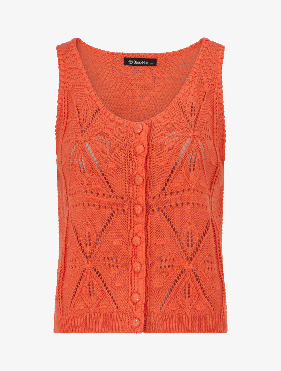 Top boutonné en maille ajourée - Corail - 1