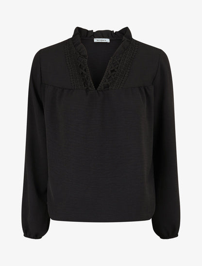 Blouse fluide à col V brodé - Noir - 1
