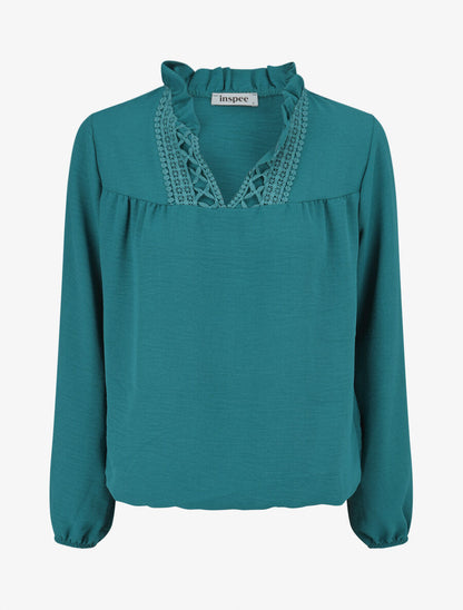 Blouse fluide à col V brodé - Bleu lagon - 1