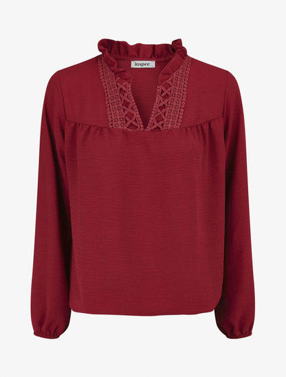 Blouse fluide à col V brodé - Bordeaux - 1