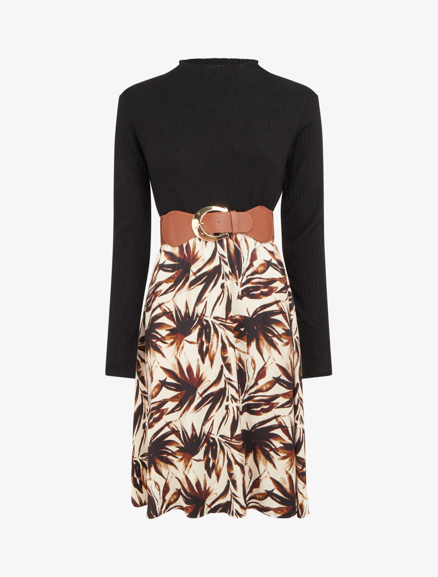 Robe évasée bi-matière imprimé feuilles - Beige - 1