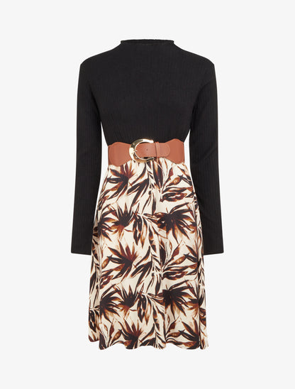 Robe évasée bi-matière imprimé feuilles - Beige - 1