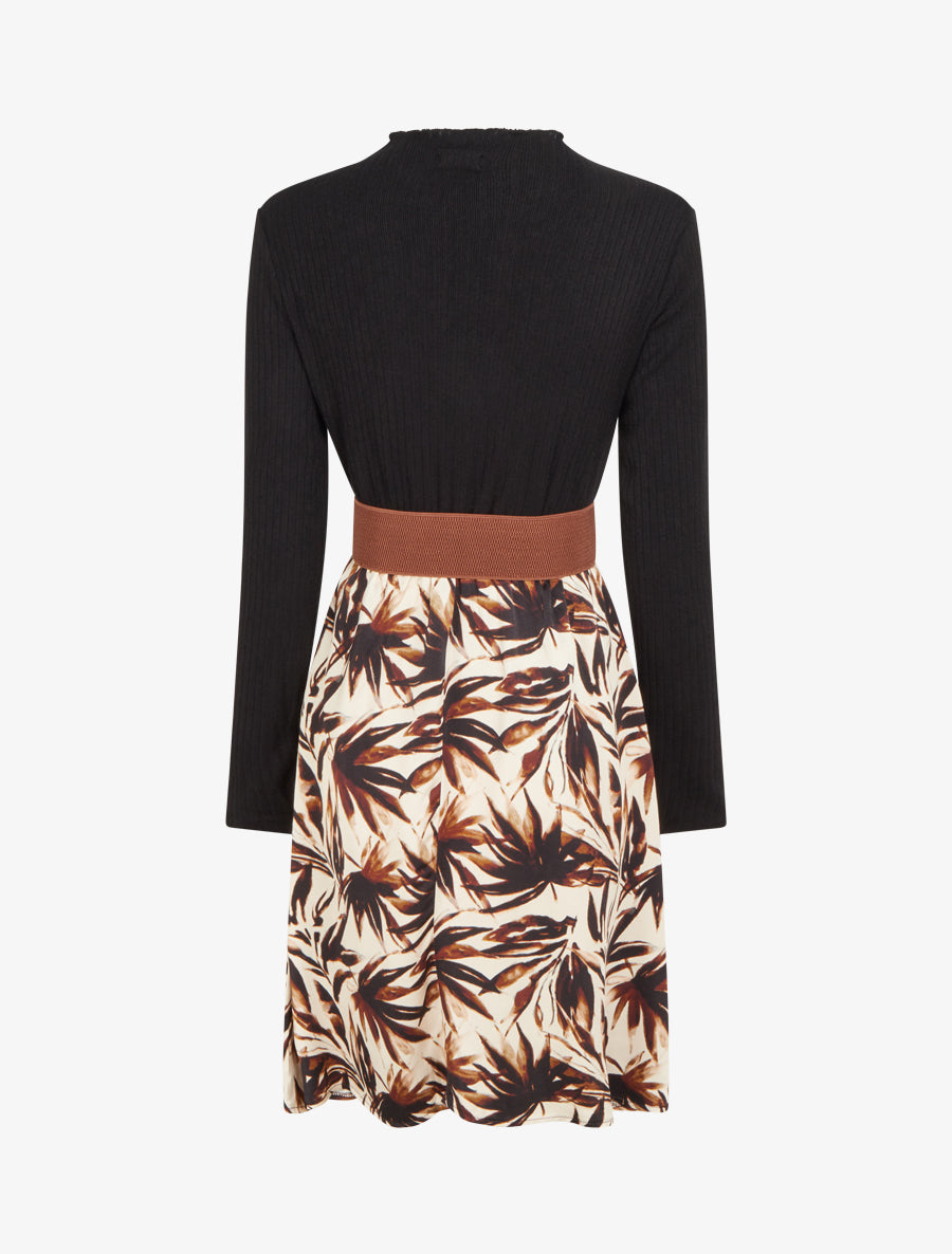 Robe évasée bi-matière imprimé feuilles - Beige - 2