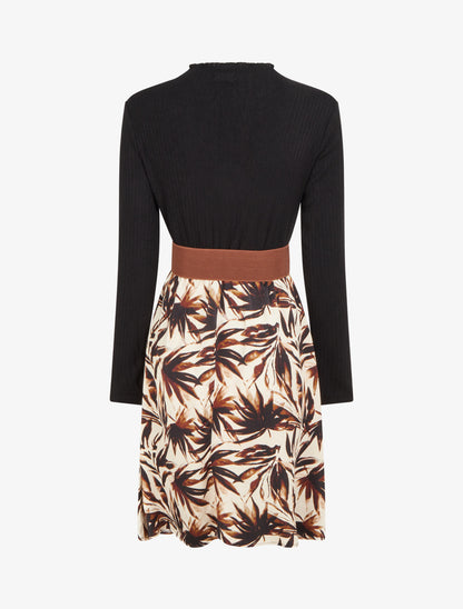 Robe évasée bi-matière imprimé feuilles - Beige - 2