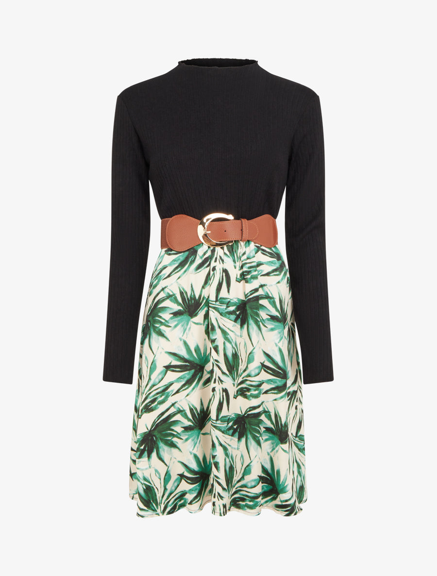 Robe évasée bi-matière imprimé feuilles - Vert - 1