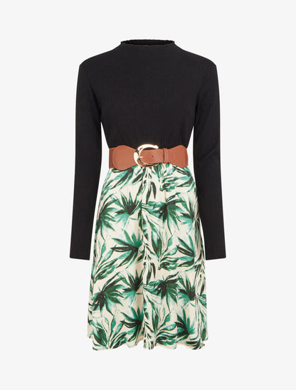 Robe évasée bi-matière imprimé feuilles - Vert - 1