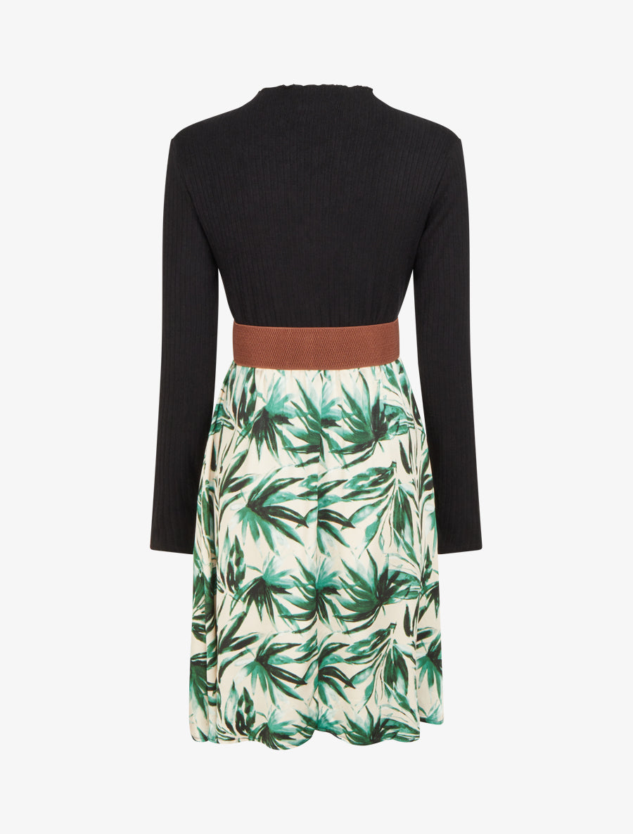 Robe évasée bi-matière imprimé feuilles - Vert - 2