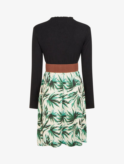 Robe évasée bi-matière imprimé feuilles - Vert - 2