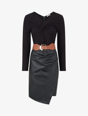 Robe bi-matière à col V froncé - Noir - 1