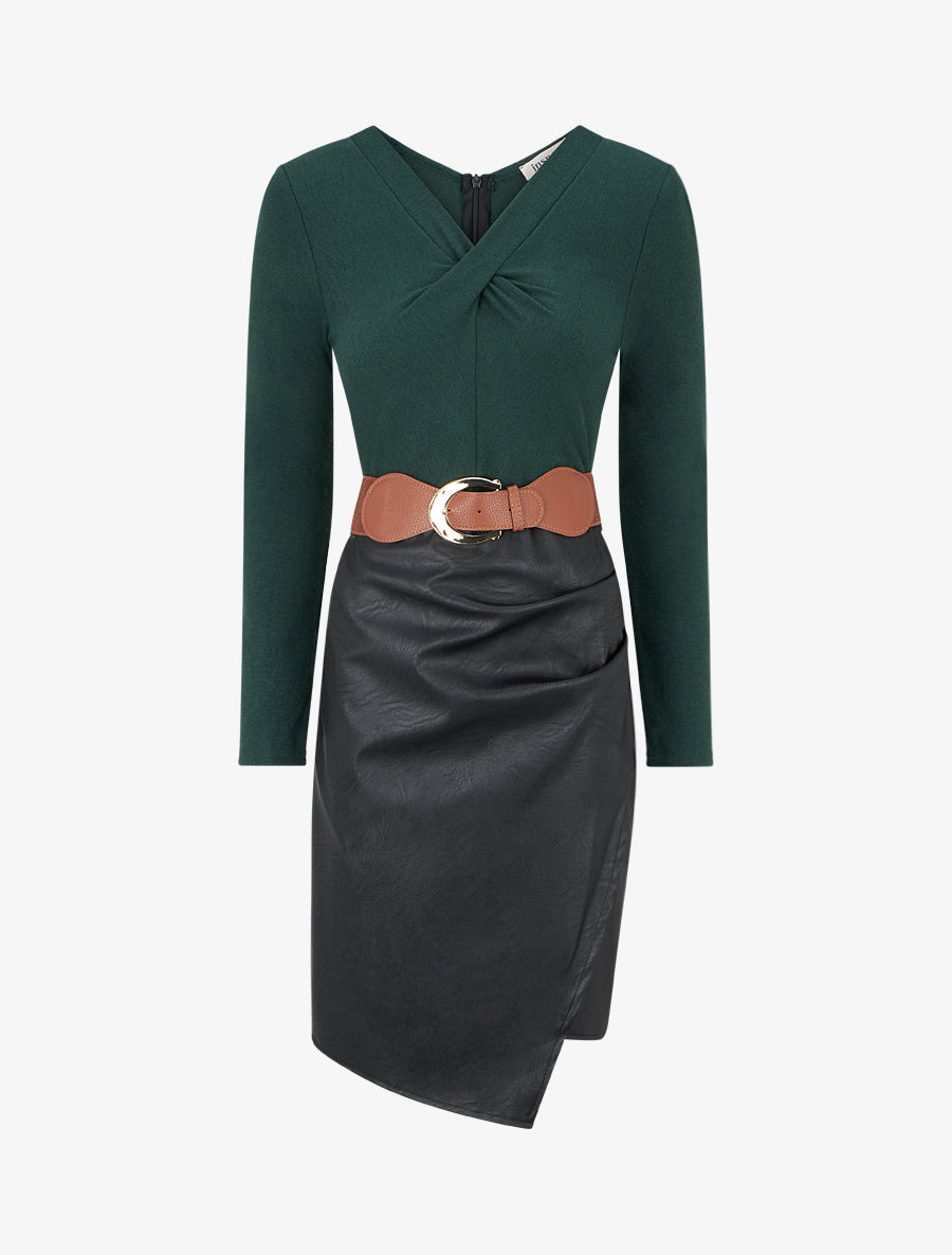 Robe bi-matière à col V froncé - Vert sapin - 1