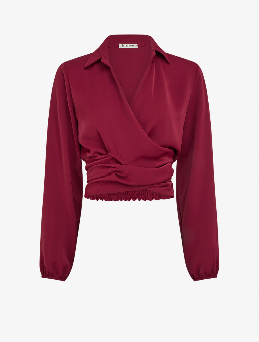 Einfarbiges, satinartiges Wickel-Crop-Top - Bordeaux