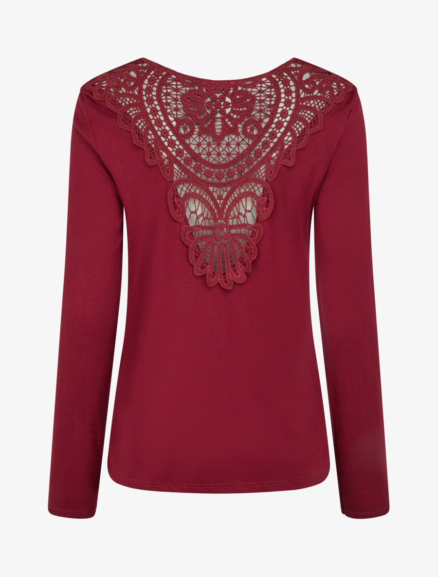 Pullover mit Wasserfallausschnitt und Rückseite aus Häkelspitze - Bordeaux