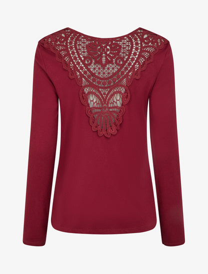 Pullover mit Wasserfallausschnitt und Rückseite aus Häkelspitze - Bordeaux