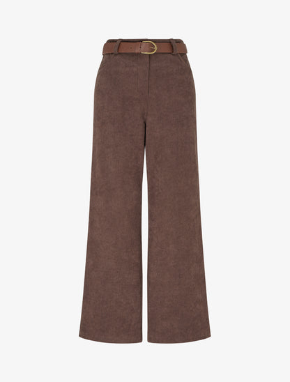 Pantalon ceinturé taille haute en velours côtelé - Marron - 1