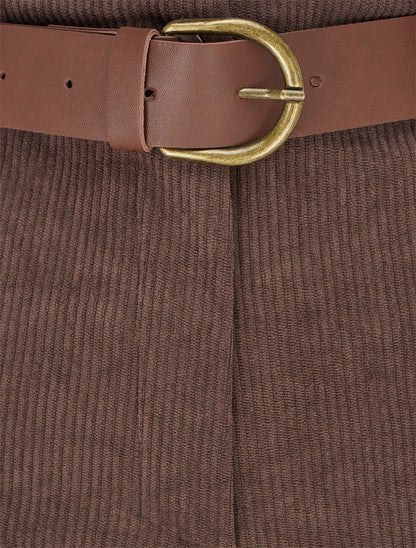Pantalon ceinturé taille haute en velours côtelé - Marron - 3