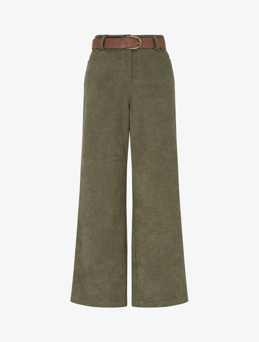 Pantalon ceinturé taille haute en velours côtelé - Kaki - 1