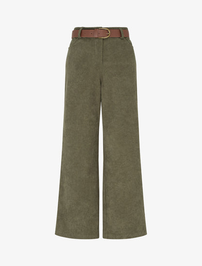 Pantalon ceinturé taille haute en velours côtelé - Kaki - 1