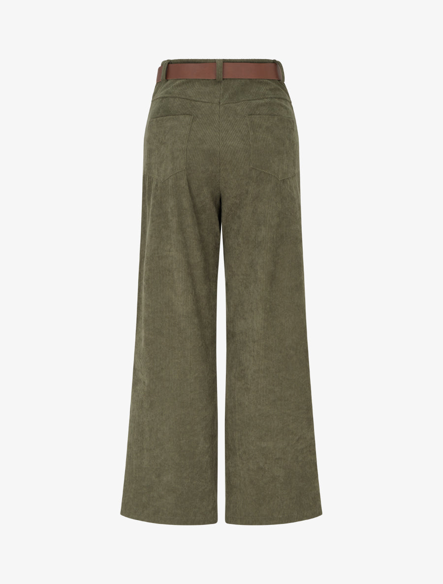 Pantalon ceinturé taille haute en velours côtelé - Kaki - 2