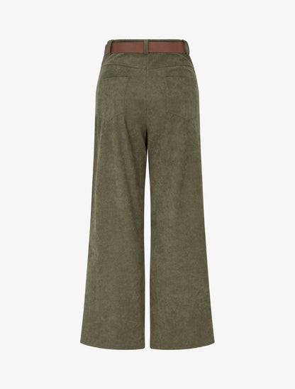Pantalon ceinturé taille haute en velours côtelé - Kaki - 2