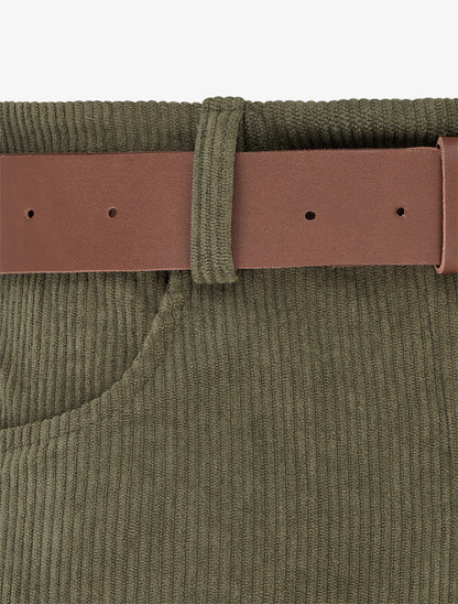 Pantalon ceinturé taille haute en velours côtelé - Kaki - 3