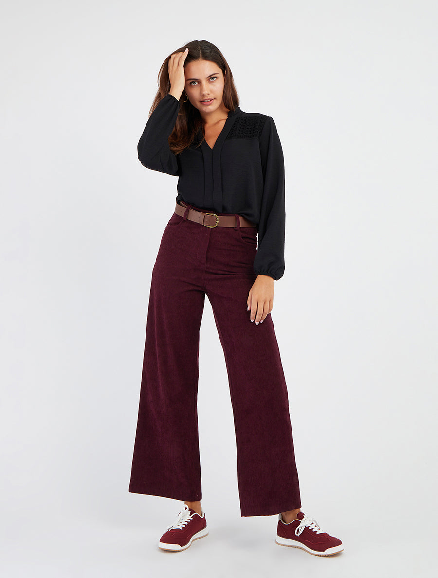 Pantalon ceinturé taille haute en velours côtelé - Prune - 8