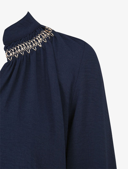 Blouse droite à détail brodé - Marine - 3