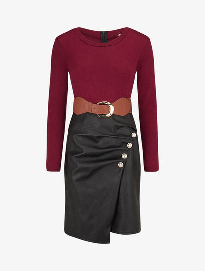 Robe bimatière jupe plissé à boutons - Lie de vin - 1