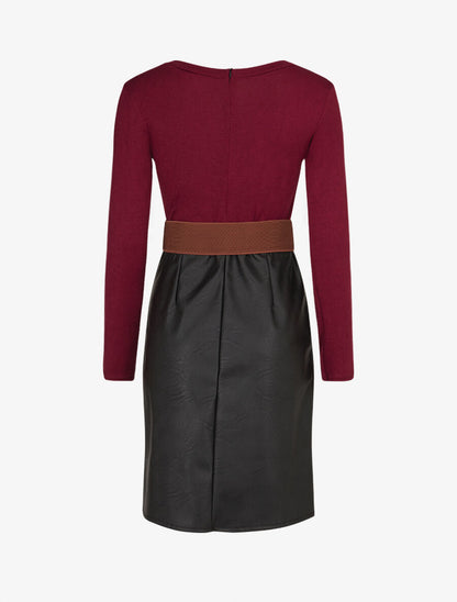Robe bimatière jupe plissé à boutons - Lie de vin - 2