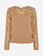 Top boule fluide satiné et dentelle - Taupe - 1