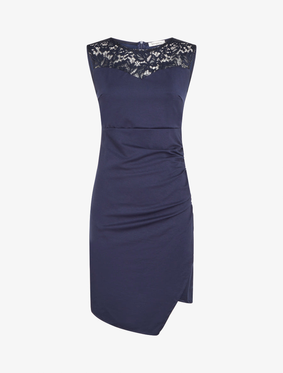 Robe sans manches à col en dentelle - Marine - 1