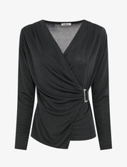 Top satiné à boucle et manches longues - Noir - 1