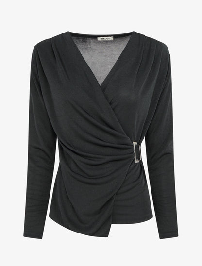 Top satiné à boucle et manches longues - Noir - 1