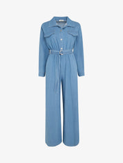 Combinaison en denim à taille élastiquée - Bleu clair - 1