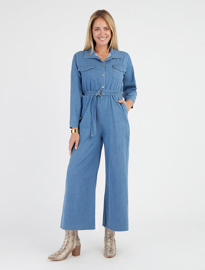 Denim-Overall mit elastischem Bund - Hellblau