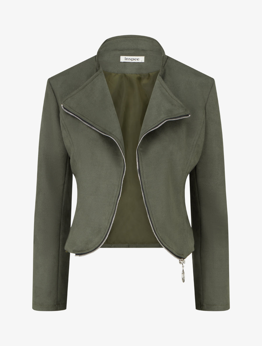 Veste en suédine à zip décoratif - Kaki - 1