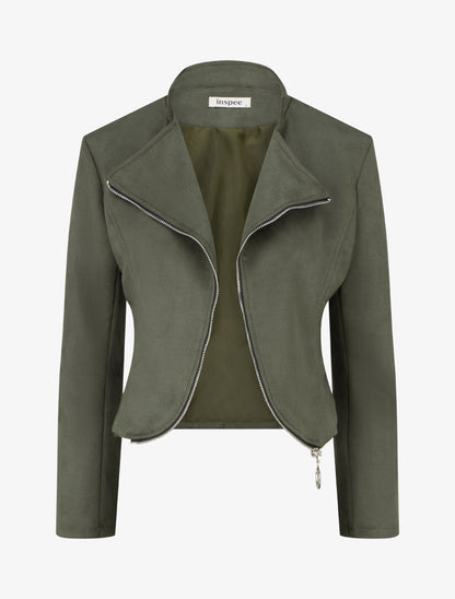 Veste en suédine à zip décoratif - Kaki - 1