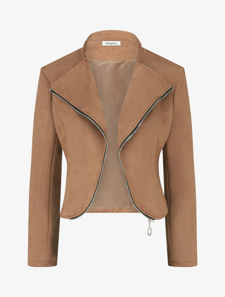 Veste en suédine à zip décoratif - Camel - 1
