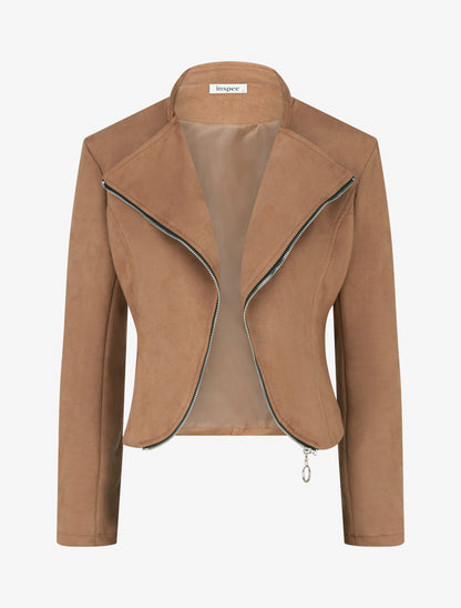 Veste en suédine à zip décoratif - Camel - 1