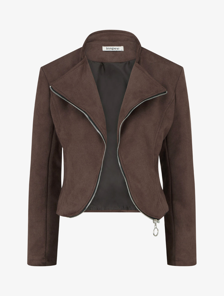 Veste en suédine à zip décoratif - Marron - 1