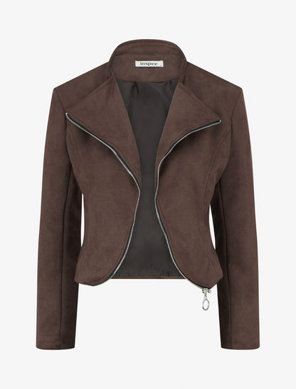 Veste en suédine à zip décoratif - Marron - 1