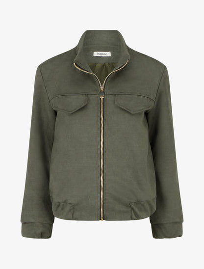 Veste élastiquée en suédine - Kaki - 1